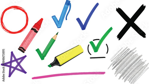 Tick and cross black signs. Gray checkmark OK and red X icons, isolated on white background. Simple marks graphic design. Circle symbols YES and NO button for vote, decision, web.