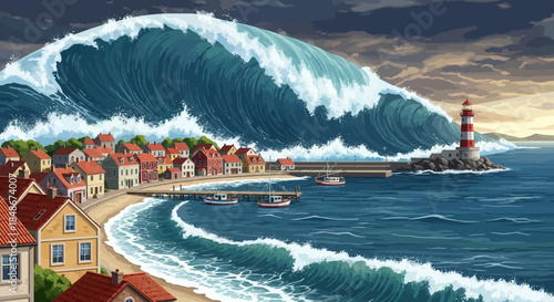 Approaching Tsunami Wave Threatening Coastal Town with Lighthouse.