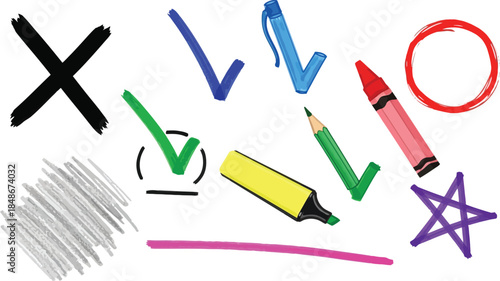 Tick and cross black signs. Gray checkmark OK and red X icons, isolated on white background. Simple marks graphic design. Circle symbols YES and NO button for vote, decision, web.