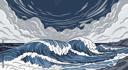 Stylized Ocean Waves Crashing Under a Cloudy Sky Coastal Scene.