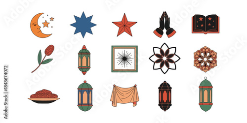 Ramadan Kareem Icon Set Islamic Stars Lanterns and Religious Elements
