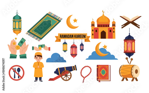 Islamic Ramadan Kareem Icon Set Festive Symbols and Religious Illustrations
