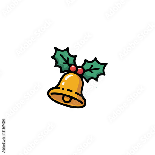 Golden Christmas Bell Adorned with Holly Berries and Leaves, Symbolizing Holiday Cheer and Festivity