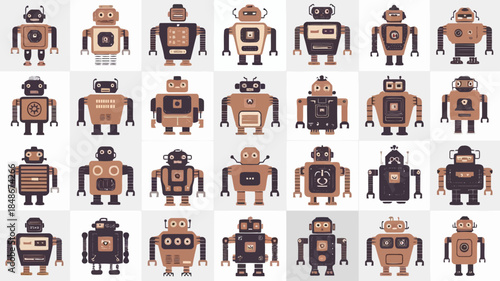 Collection of diverse robots with different colors and designs, standing in a grid pattern on a
