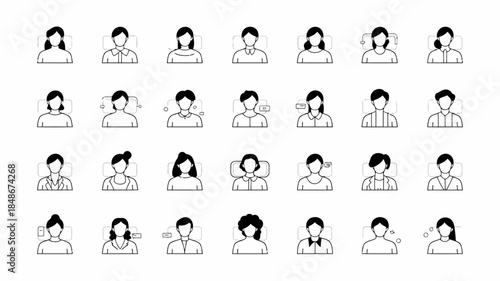 Diverse group of people with various facial expressions and hairstyles, black and white illustration