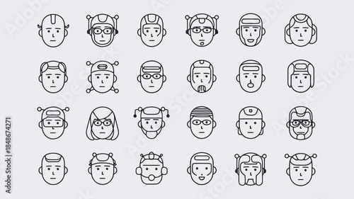 Collection of diverse cartoon faces with various expressions and hairstyles, including helmets and headbands, in a simple black and white line art style