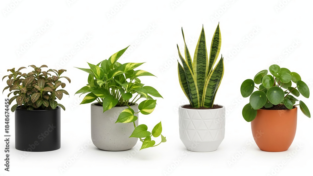 Obraz premium Collection of four diverse potted houseplants featuring popular indoor plants in modern pots isolated on a clean white background for home decor