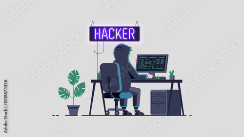 Person sitting at desk working on computer with hacker sign above head, illustration