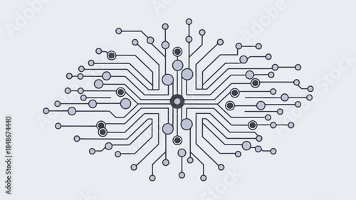 Intricate circuit board design with interconnected nodes and pathways, symbolizing technology and digital connectivity