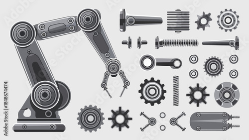 Industrial robotic arm and mechanical components including gears, bolts, and tools, depicted in a monochrome style