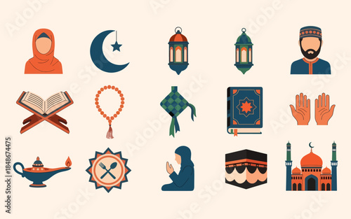 Islamic Ramadan Kareem Icon Set: Muslim Lifestyle and Religious Ritual Vectors