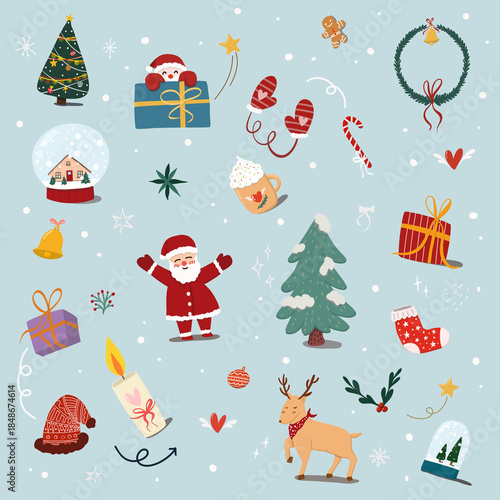 winter Christmas pattern background, with cute cartoon of Santa Claus, ornament, Christmas tree, gift box, candy canes, reindeer, snow globe, sock isolated on light green background