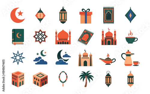 Islamic Ramadan Kareem Icon Set Muslim Lifestyle and Religious Symbols