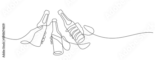 beer clinking one line drawing continuous minimalism. beer bottle celebratory toasting thin line illustration copy space. three person togetherness congratulating