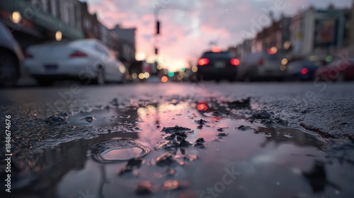 Street Level Puddle Reflection Capturing City Vehicles and Pink Hued Sunset with Blurred Buildings in Background Under Evening Lighting on Wet Pavement