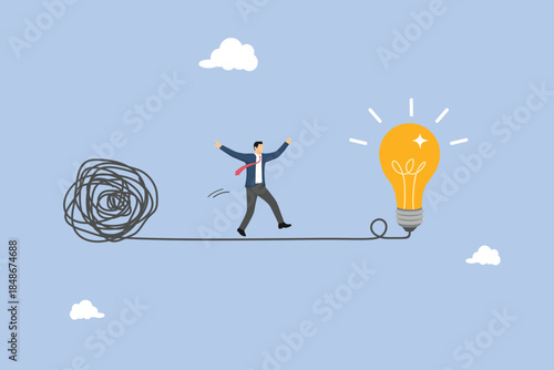 Simplify idea to find solution, smart businessman walking away from mess chaos line to simple light bulb idea, thinking process or creativity to solve problem, discover easy way to understand concept.