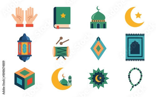 Islamic Ramadan Kareem Icon Set Colorful Religious Symbols and Traditional Elements
