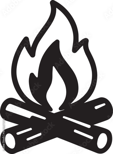 A graphic, minimalist depiction of a campfire. Flame dance on the dark background. Showing fire's simple allure and primal warmth.