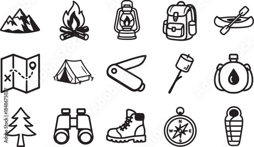 A collection of outdoors camping icons, representing the essential elements for a wilderness adventure. Evoking feelings of freedom, exploration and a connection with nature.