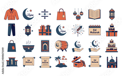 Eid Mubarak and Ramadan Kareem Icon Set Islamic Celebration and Gift Vectors