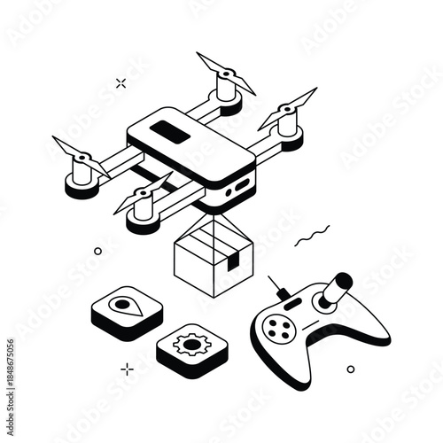 Premium isometric futuristic drone delivery illustration, editable vector