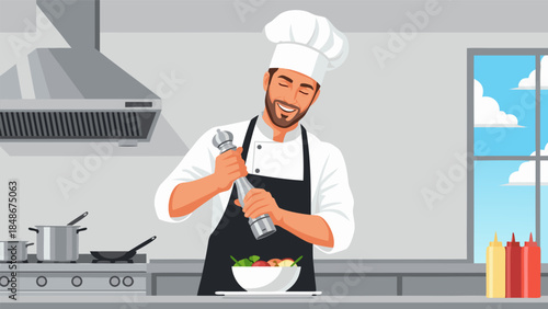 A smiling male chef in a white hat and black apron seasoning a bowl of food in a modern kitchen.