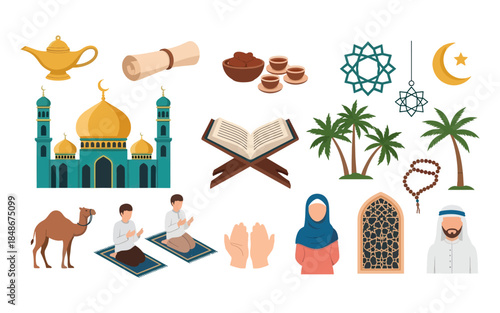 Islamic Ramadan Kareem Character and Architecture Icon Set Muslim Prayer and Mosque Vectors