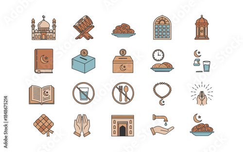 Islamic Ramadan Kareem Lifestyle Icon Set Muslim Prayer Activities and Traditional Elements
