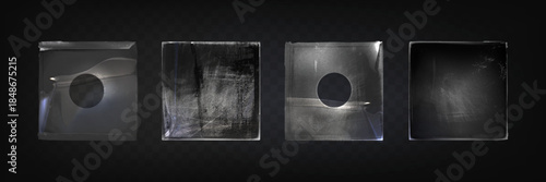 Vintage plastic vinyl packages set isolated on transparent background. Vector realistic illustration of scratched paper cover, wrinkled foil bags for music CD album, retro wraps with grungy texture