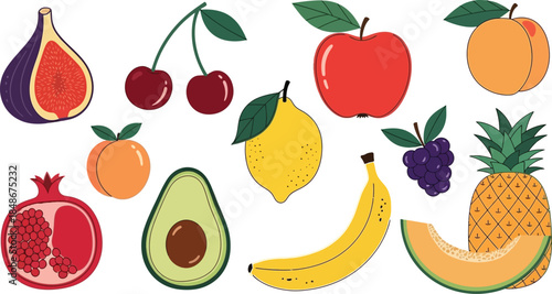 Hand drawn fruits. Flat pineapple, raspberry and banana, apple and lemon, kiwi and plum, pomegranate and dragon, grape and cherry, orange.