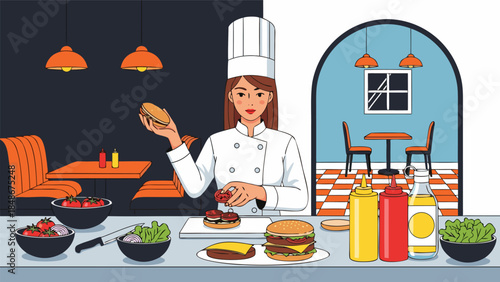 Female chef preparing burgers and hot dogs with various ingredients and condiments in a restaurant kitchen.