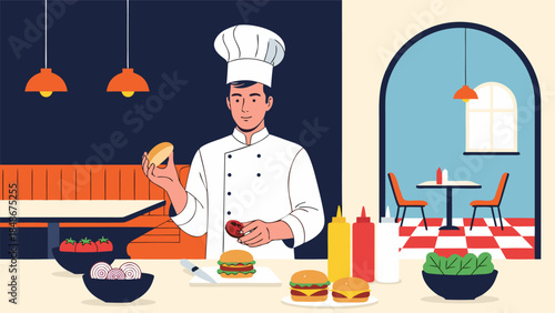 A male chef in a white uniform preparing burgers with various ingredients and condiments in a restaurant kitchen setting.