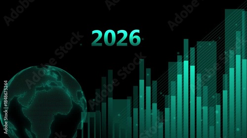 Futuristic Global Economic Growth 2026 Animation, Globe and bar graphs, symbolizing global economic growth in 2026