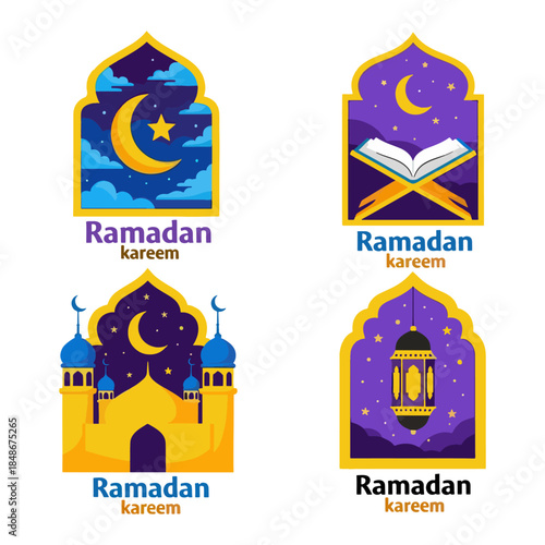 Islamic Ramadan Kareem Badge Set Night Sky Mosque and Holy Quran Illustrations