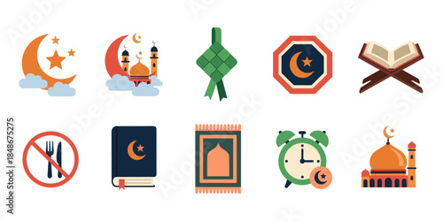 Islamic Ramadan Kareem Icon Set Moon Mosque Ketupat and Religious Worship Elements
