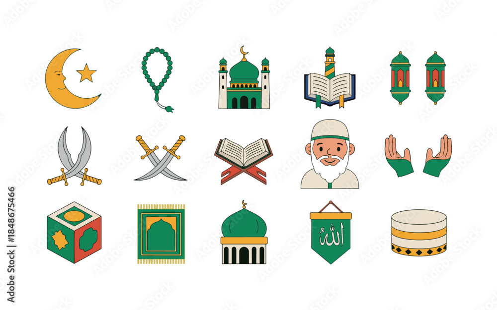Fototapeta premium Islamic Ramadan Kareem Icon Set Traditional Green and Gold Religious Symbols