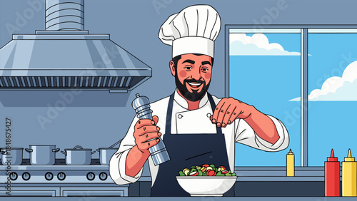 A smiling male chef in a professional kitchen seasoning a fresh salad with a pepper grinder.