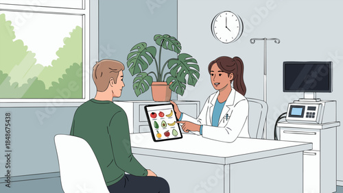 A female doctor discusses healthy eating and nutrition with a male patient, showing a tablet with fruits and vegetables in a medical office.