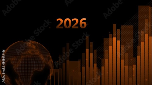 Futuristic Global Economic Growth 2026 Animation, Globe and bar graphs, symbolizing global economic growth in 2026