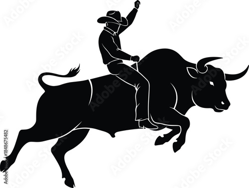 Vector Silhouette of a Cowboy Bull Rider on a Rearing Bull, Symbolizing Rodeo, Extreme Sport, and the American West
