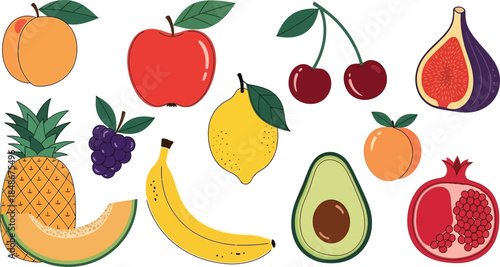 Hand drawn fruits. Flat pineapple, raspberry and banana, apple and lemon, kiwi and plum, pomegranate and dragon, grape and cherry, orange.