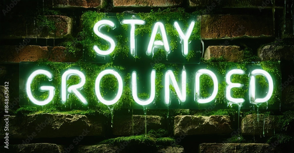 Naklejka premium Bright neon sign displays Stay Grounded against mossy brick wall. Dripping effect adds dramatic visual element. Dark background emphasizes glow.