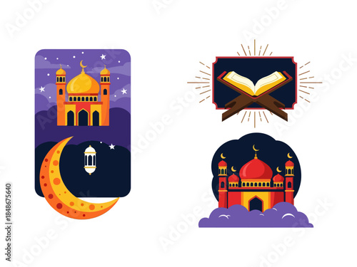 Islamic Ramadan Kareem Night Card Illustration Mosque and Crescent Moon