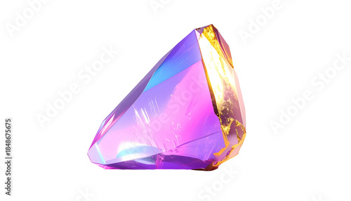 A faceted gem displays a vibrant spectrum of iridescent colors, set against a stark black background. It appears translucent and luminous