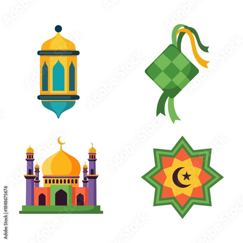 Islamic Ramadan Kareem Lifestyle Icon Set Green and Yellow Religious Symbols