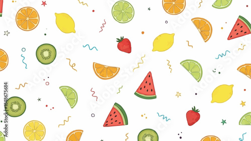 Vibrant Summer Fruit Pattern with Oranges Lemons Watermelon Kiwi and Strawberries.