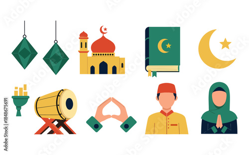 Islamic Ramadan Kareem Character and Tradition Icon Set Green and Yellow