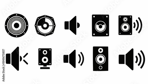 Collection of Black Speaker Icons and Symbols.