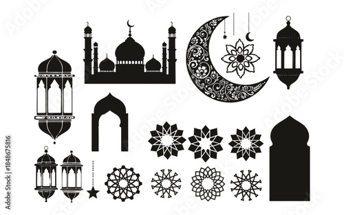 Islamic Ramadan Kareem Black Silhouette Ornament and Lantern Set