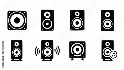 Collection of Black Speaker Icons Representing Audio Equipment.